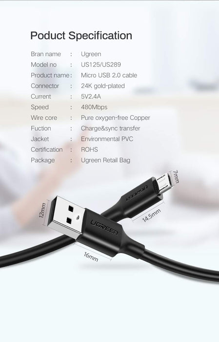 UGREEN 2m USB 2.0 A to Micro USB Cable Nickel Plating, Black (60138)