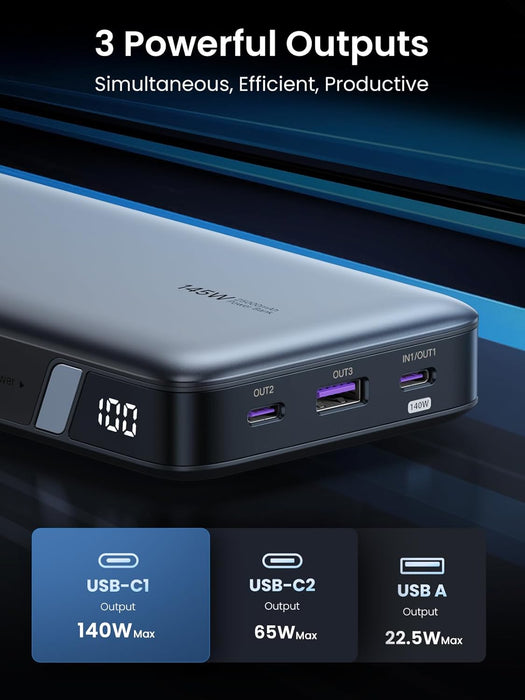 UGREEN 145W 25,000mAh 3-Port Power Bank USB C Laptop Portable Charger, Nexode PD for MacBook Pro/Air, Dell XPS, iPhone 16/15/14, Galaxy S24, Steam Deck, iPad, and More(90597A)