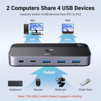 UGREEN USB 3.0 Switch 2 Computer Sharing USB C & A Devices, 4 Port USB Switcher Sharing Keyboard and Mouse, Printer/Scanner USB Switch Hub for Two Computers with 2 USB3.0 Cables and Remote (15705)