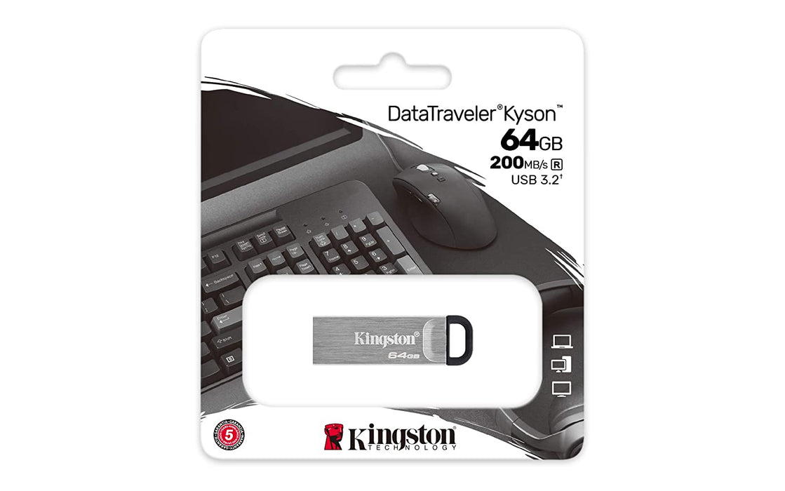 Kingston Data Traveler Kyson USB 3.2 Flash Drive 64GB - Gen 1 With Stylish Capless Metal Case (DTKN/64GB)