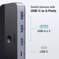 UGREEN USB 3.0 Switch 2 Computer Sharing USB C & A Devices, 4 Port USB Switcher Sharing Keyboard and Mouse, Printer/Scanner USB Switch Hub for Two Computers with 2 USB3.0 Cables and Remote (15705)